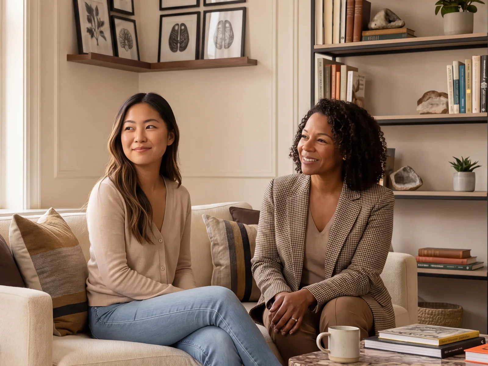 A MindView therapist and client in conversation during a calm, in-office therapy session